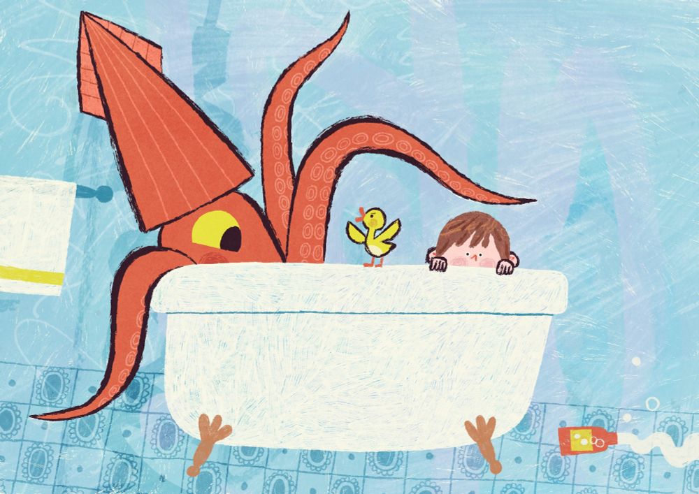 Illustration of a giant squid, a duckling and a kid in a bathtub. The squid is looking curious trying to get the attention of the kid with its tentacles. The child is looking right at us in fear. The duckling is standing between the two, wings spread out, trying to defend the kid