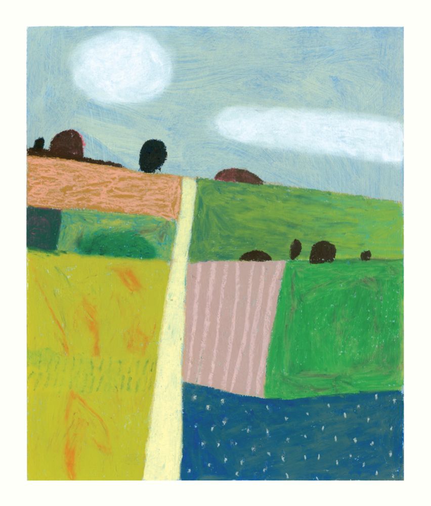 Abstract landscape painting featuring bright colorful fields and some and bushes on the horizon