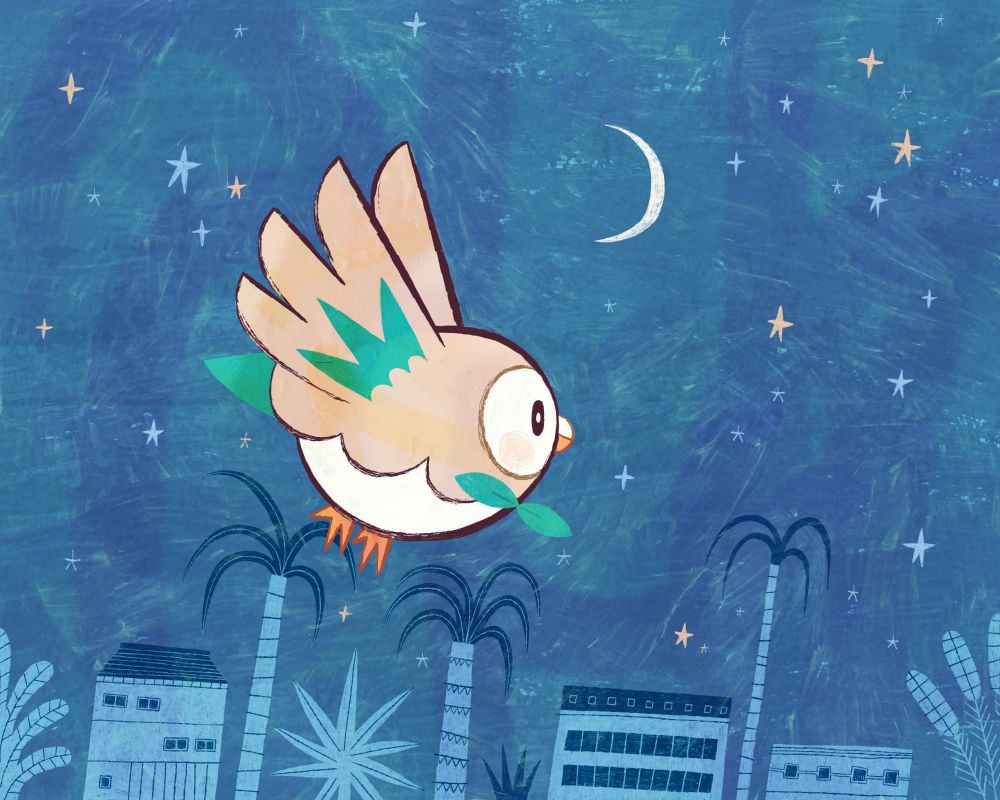 Illustration of the Pokémon Rowlet flying above buildings and palm trees at nighttime 