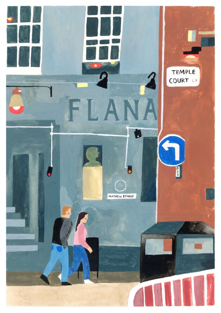 Gouache painting of a couple walking on a street in Liverpool