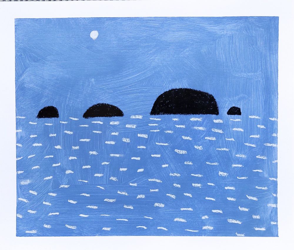 Minimal abstract seascape in blue, black and white 