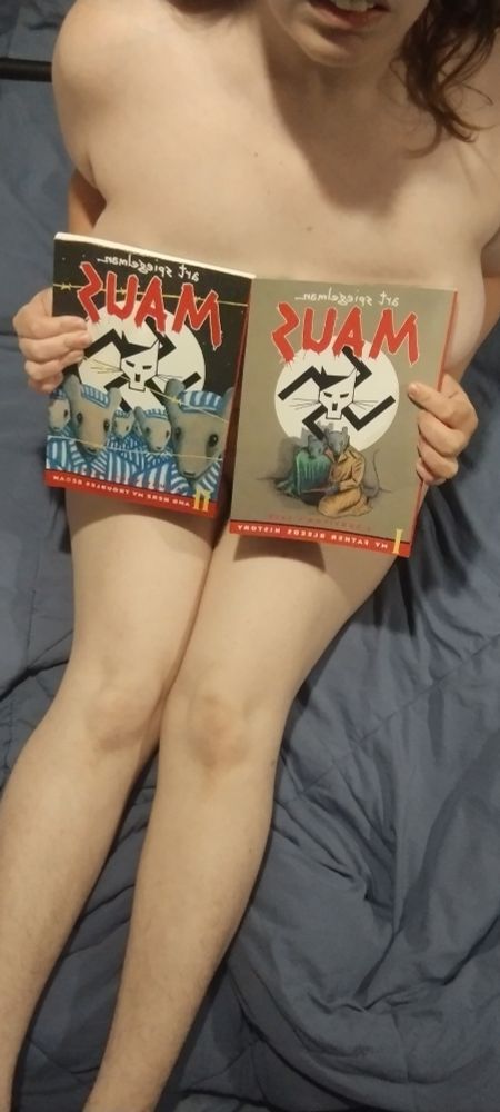 Nude selfie where I cover my naughty body with some terrorist reading material (Maus by Art Spirgelman)