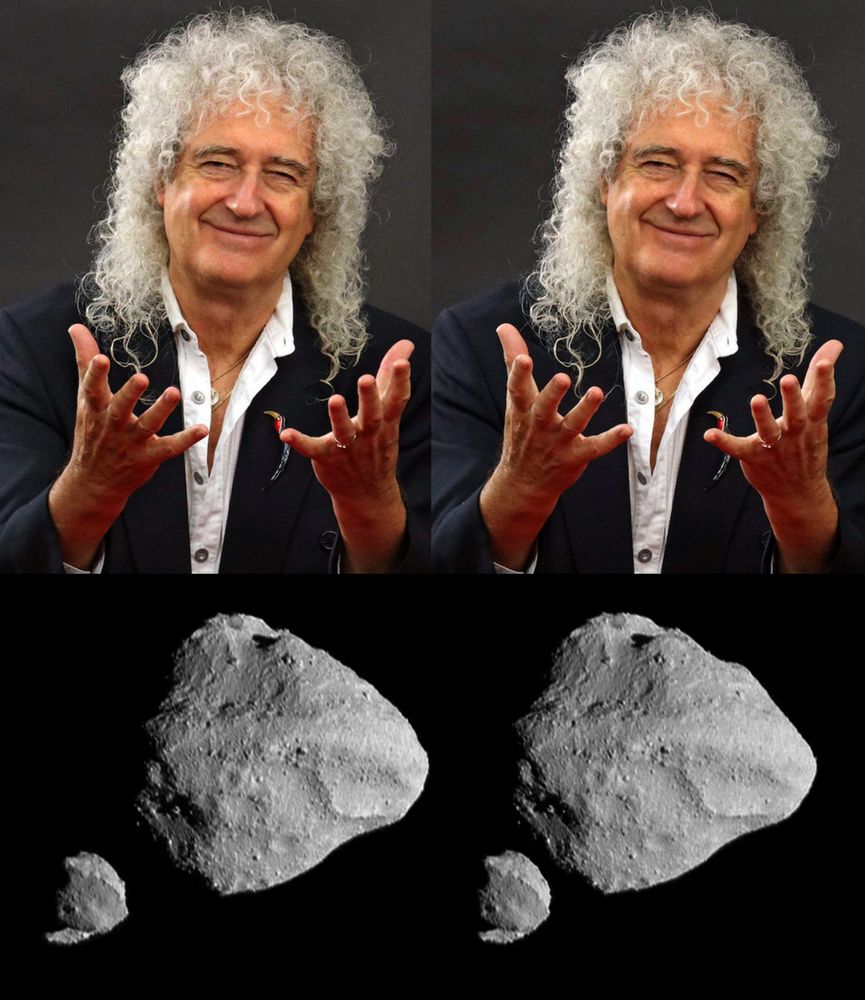 1. Stereo image of Dr. Brian May from his website https://brianmay.com/.
View crossed-eyed or by staring at infinity. 

May has created stereo images for NASA, ESA and JAXA for various asteroids and other celestial objects.

2. A pair of stereoscopic images of the asteroid Dinkinesh and its satellite, Selam, created using data collected by the L’LORRI camera on the NASA Lucy spacecraft in the minutes around closest approach on Nov. 1, 2023. To use this image pair to get a better sense of the 3D structure of the asteroids, either relax the axes of your eyes, as if staring through the screen to infinity (so that you are looking at the left image with your left eye and the right image with your right eye), or use a stereoscope.

Credit: NASA/Goddard/SwRI/Johns Hopkins APL/NOIRLab for the original images/Brian May/Claudia Manzoni for stereo processing of the images 