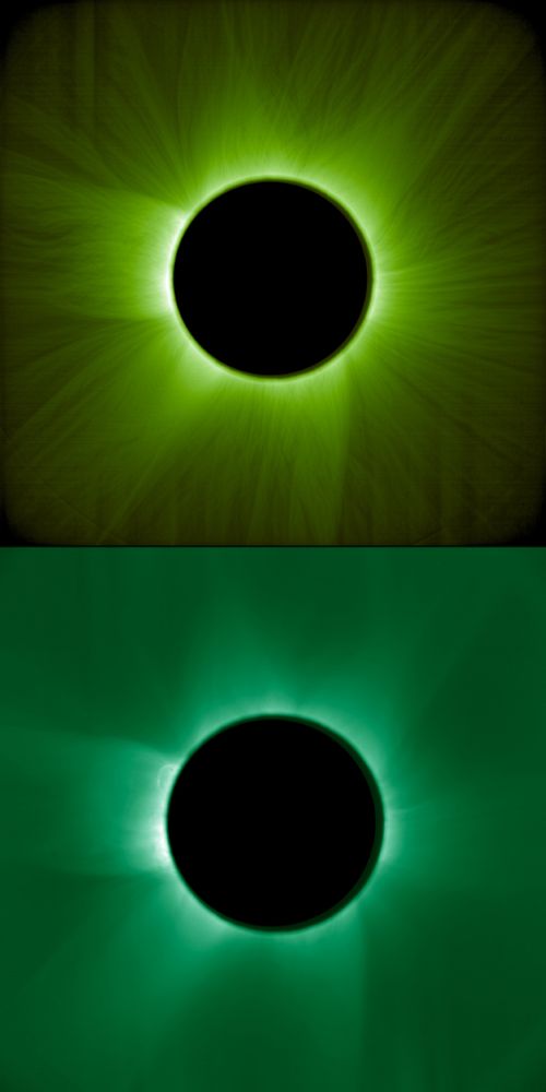 1. Image of the Sun during an artificial solar eclipse. Against a black background, the Sun’s bright body is covered by a black disc, and light green hair-like tendrils extend from the black disc in all directions. Brighter green light peeks from behind the black disc’s edge, slowly fading towards the outer edges of the image.

This image, captured in the visible light spectrum, shows the solar corona similarly to how a human eye would see it during an eclipse through a green filter. The hair-like structures were revealed using a specialised image processing algorithm.

CREDIT: ESA/Proba-3/ASPIICS/WOW algorithm

2. Image of the Sun taken during an artificial solar eclipse. Against a black background, the Sun’s bright body is covered by a black disc, and blue-green hair-like tendrils extend from the black disc in all directions. Brighter green light peeks from behind the black disc’s edge, slowly fading towards the outer edges of the image.

This image shows observations in the coronal green line – a spectral line emitted by iron atoms that lost half of their electrons due to extremely high temperatures. This allows us to see the hottest contents of the corona, at up to 2 million degrees. On the upper left side, a hot loop can be seen extending from the Sun’s surface into the corona, a structure which generally appears following a solar flare.

CREDIT: ESA/Proba-3/ASPIICS 