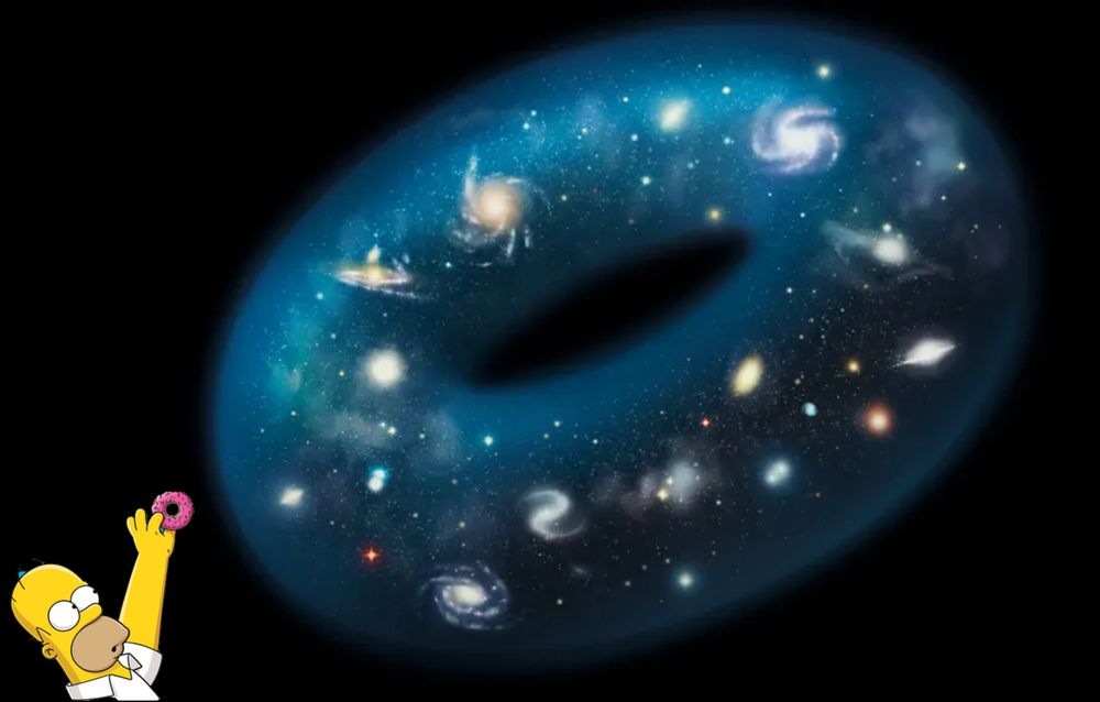 Graphic of a doughnut-shaped Universe from the article, with an image of Homer with a doughnut on hand added by me.