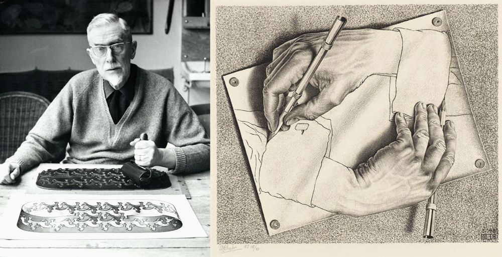 1. Photograph of Escher making a reprint of Horseman, his ink roller in his left hand.
2. M.C. Escher, Drawing Hands, lithograph, January 1948