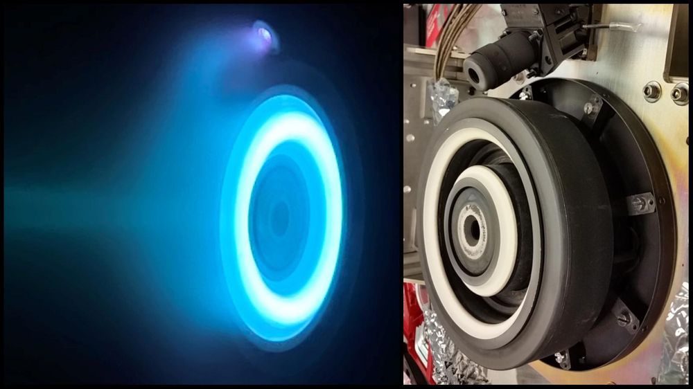 On the left, xenon plasma emits a blue glow from an electric Hall thruster identical to those that will propel NASA's Psyche spacecraft to the main asteroid belt. On the right is a similar non-operating thruster. Credit: NASA/JPL-Caltech

Source: https://www.jpl.nasa.gov/news/solar-electric-propulsion-makes-nasas-psyche-spacecraft-go/