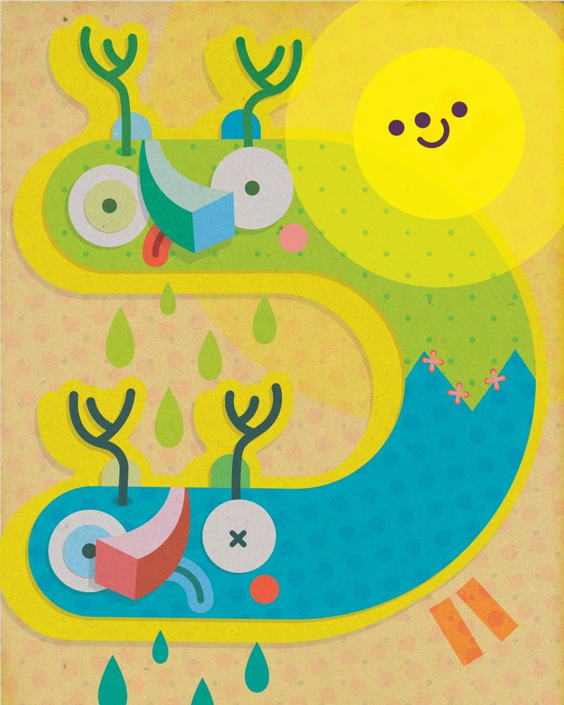 Digital illustration created in adobe illustrator for the iPad. Two sad worms with antlers that have been sewn together. They are sad but the sun is super happy to be there.