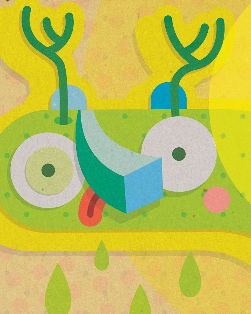 Close up on one sad green worm with antlers and a blue/green nose.
