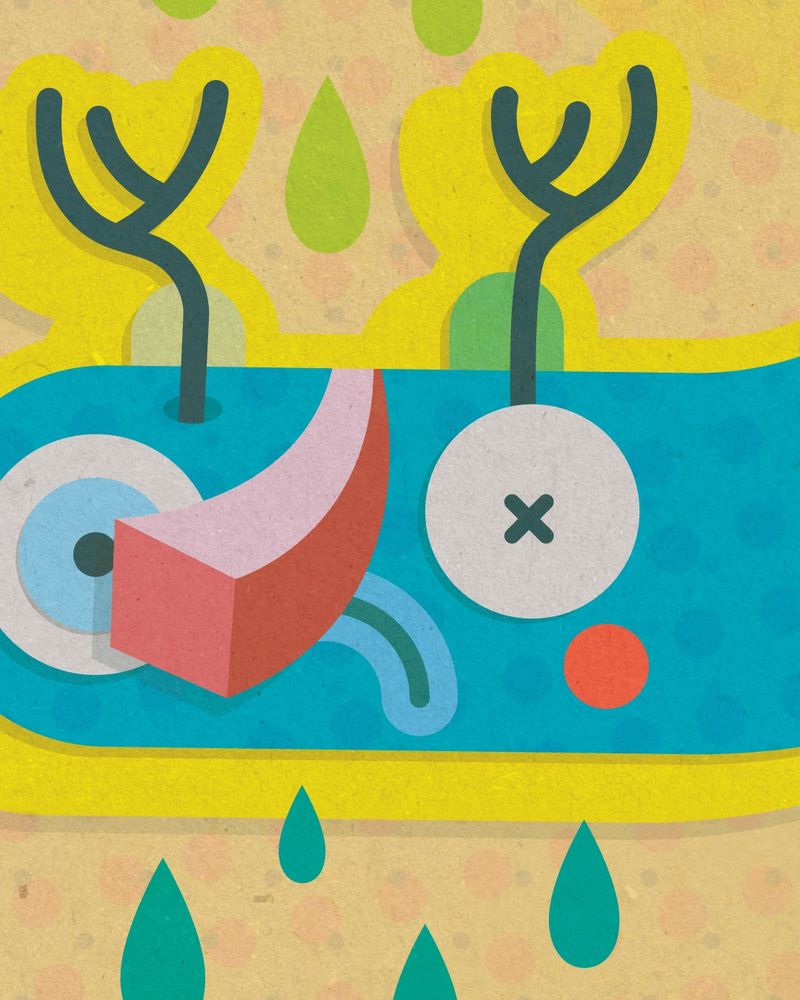 Close up on one sad blue worm with antlers and a red nose.