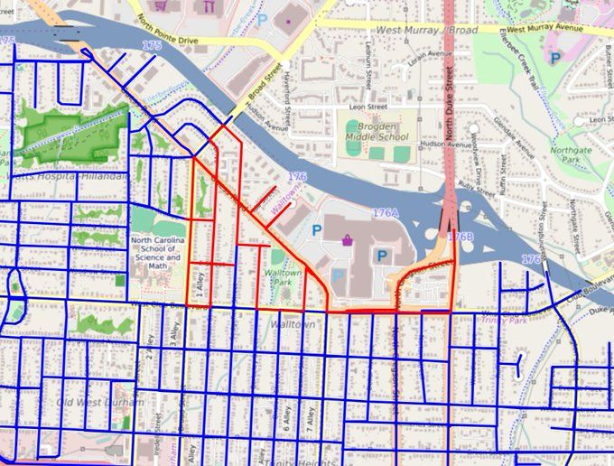 map of today's walk in red over blue