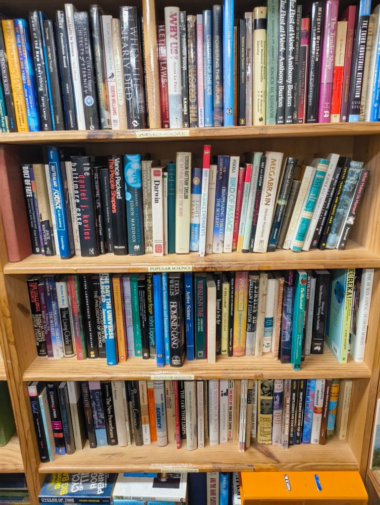 A wall of used science books.