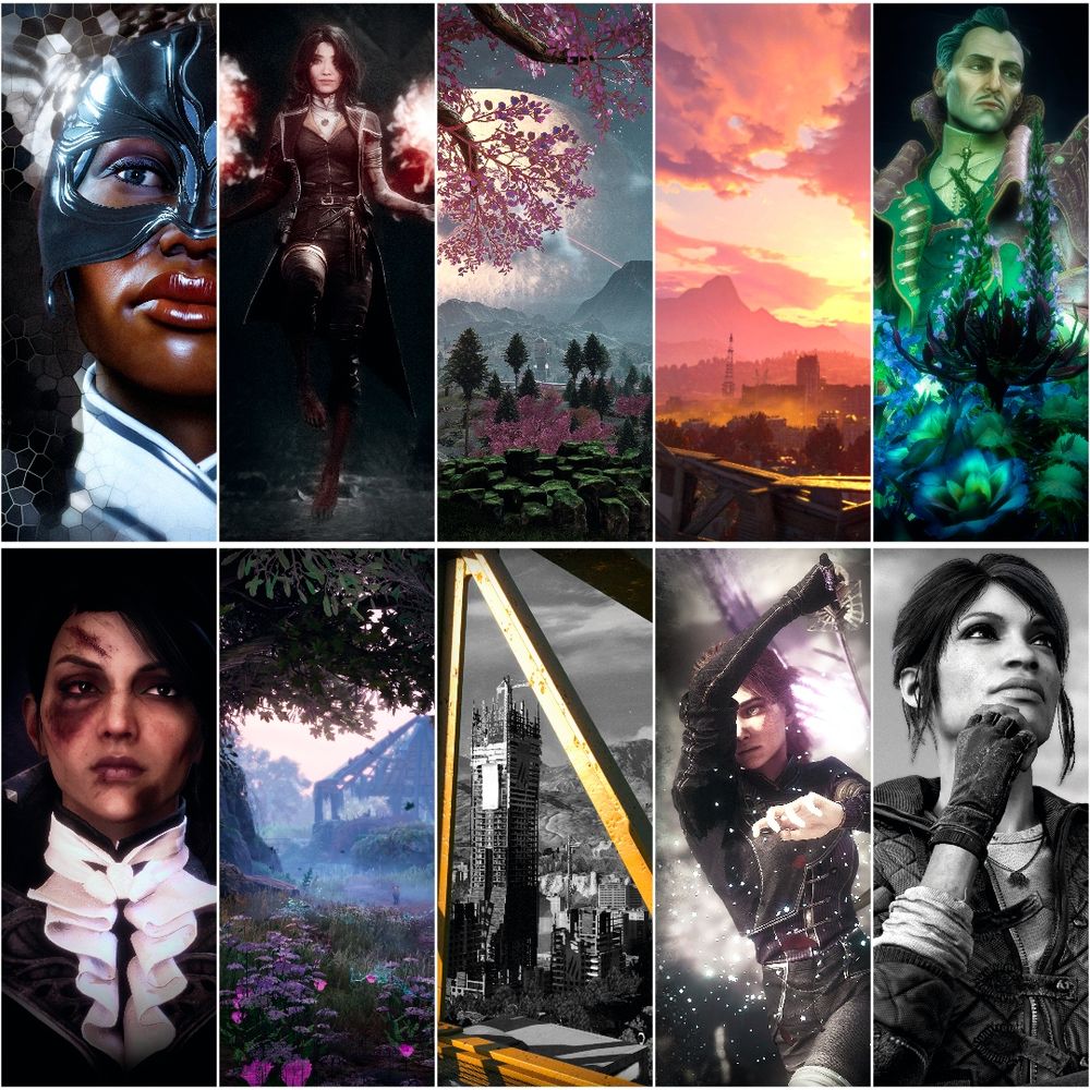 A collage of virtual photography pieces both in colour and b&w ranging from portraits to landscapes to action shots from various games (Dragon Age Inquisition/Veilguard, Dying Light (1+2), The Outer Worlds, South of Midnight and Clair Obscur: Expedition 33.