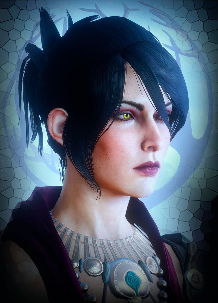Dragon Age: Inquisition. Portrait of Morrigan at the Crossroads. Mosaic effect added to the background (apparently I'm doing a mosaic tiles thing with the DAI portraits...).