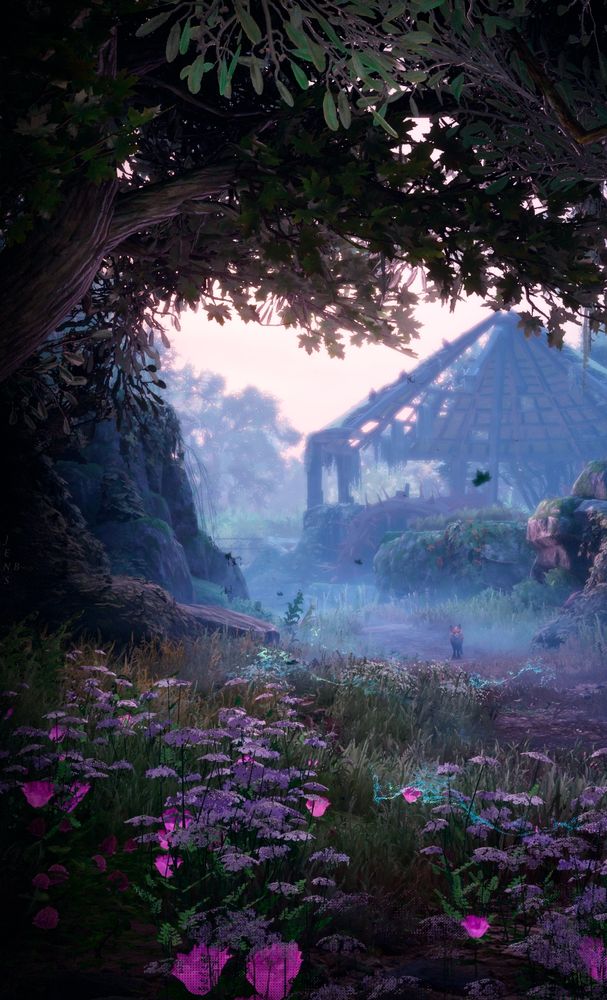 South of Midnight; scenery photo showing a field of pink/purple flowers leading towards a road between trees with low hanging branches. A fox can be seen standing beneath them. In the distance a decaying building can be seen.