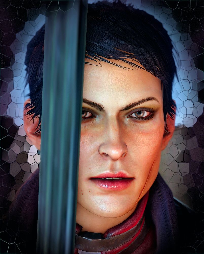 Dragon Age: Inquisition. Portrait of Cassandra Pentaghast holding up a sword which blade covers part of her face and half her right eye. She looks straight at the camera,lips slightly parted. Background edited with stained glass effect.