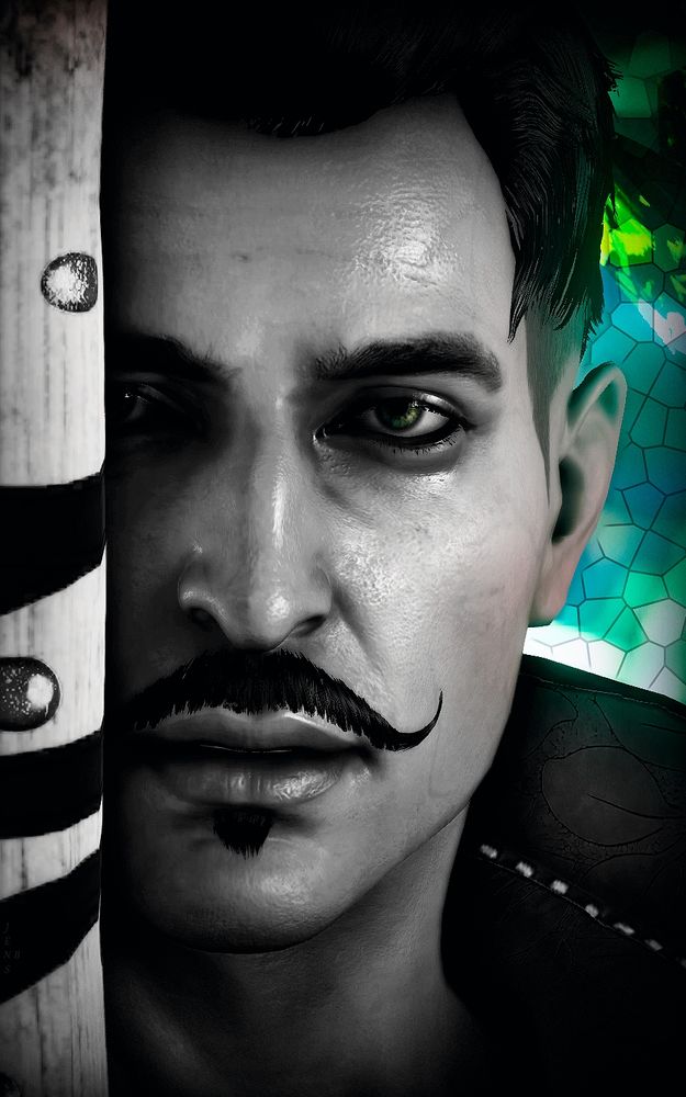 Dragon Age, Inquisition. Portrait of Dorian with his staff obscuring part of his face. Colour in eyes and background (also mosaic added), otherwise B&W. 