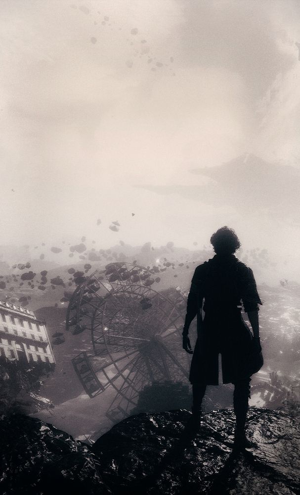 Clair Obscur: Expedition 33. Scenery shot of the Stone Wave Cliffs. Gustave stands on the edge (silhouette), looking down at the broken Ferris Wheel. Brushes and effects added to the edges of the background to create the impression of brushstrokes.
