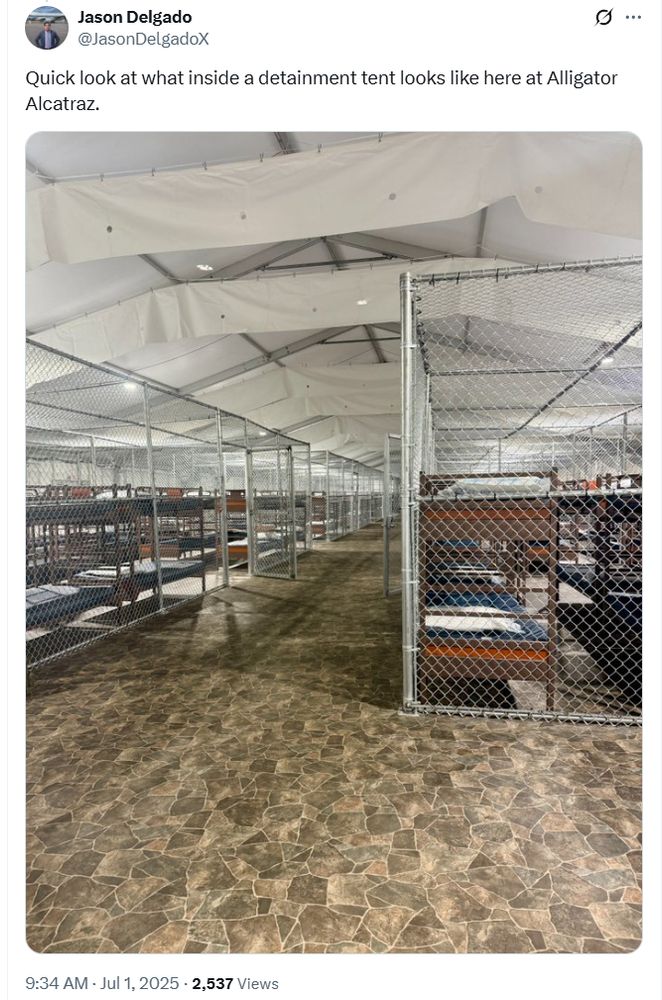 Jason Delgado (Florida Capitol reporter for Spectrum News 13) on X: "Quick look at what inside a detainment tent looks like here at Alligator Alcatraz." What is shown in the picture is a long tent structure, about 50 feet wide. There is a corridor running down the middle. On each side are three rows of bunk beds. The bunk beds are sectioned off into cells which are constructed out of chain link fence, with chain link on the ceiling as well, making each cell a literal cage. It looks to me like each cell contains 9 bunk beds, so has capacity for 18 people each.