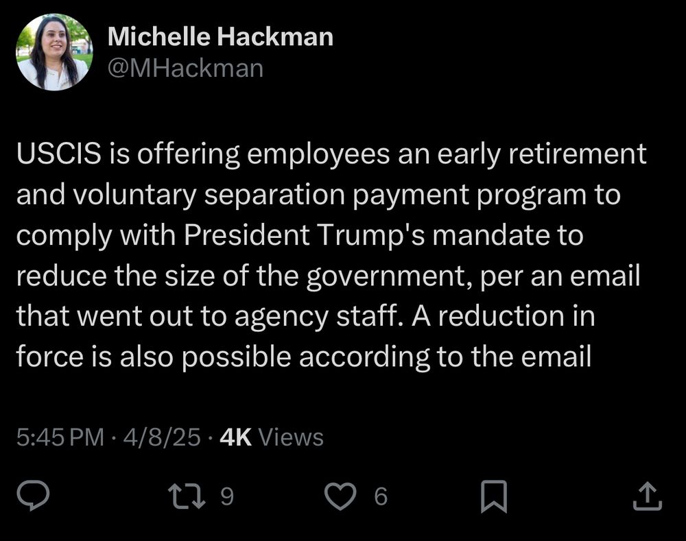Michelle Hackman
@MHackman
USCIS is offering employees an early retirement and voluntary separation payment program to comply with President Trump's mandate to reduce the size of the government, per an email that went out to agency staff. A reduction in force is also possible according to the email