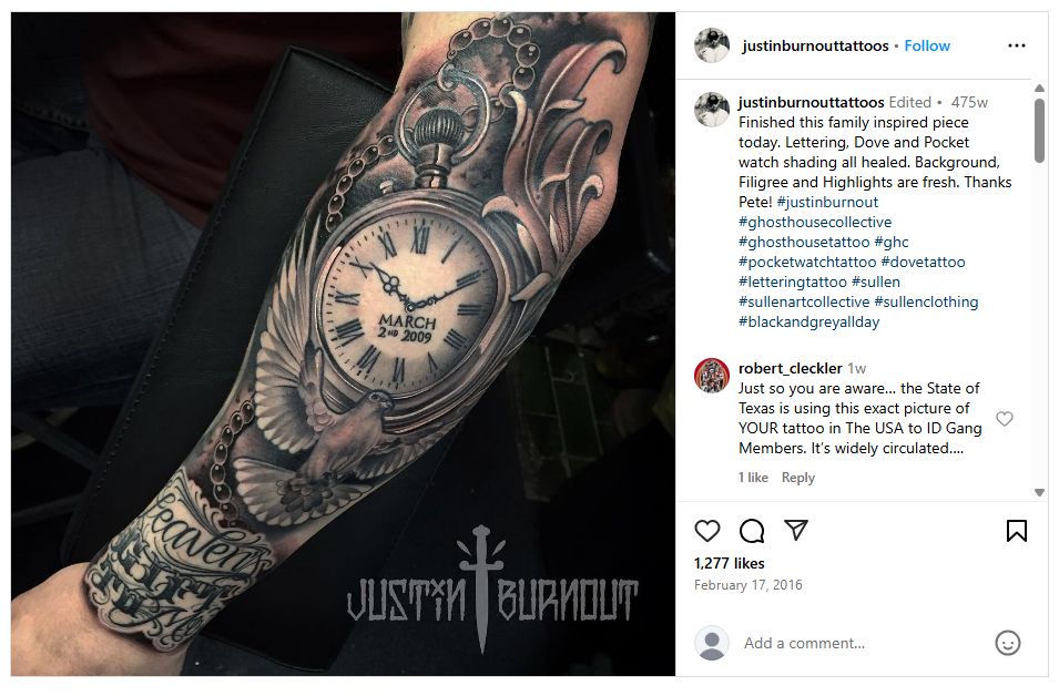 Screenshot of Instagram post from February 17, 2016, of the tattoo. This original image is not as blurry, and there is a watermark which had been stripped from the ICE HSI image. Someone notes in comments a week ago that Texas has apparently been using this tattoo as a gang identifier, so clearly others noticed.