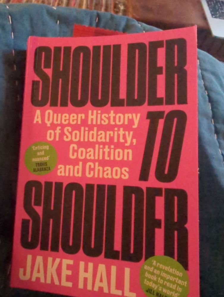 Picture of a pink book cover, it is "Shoulder to shoulder: a queer history of solidarity, coalition, and chaos" by Jake hall.
