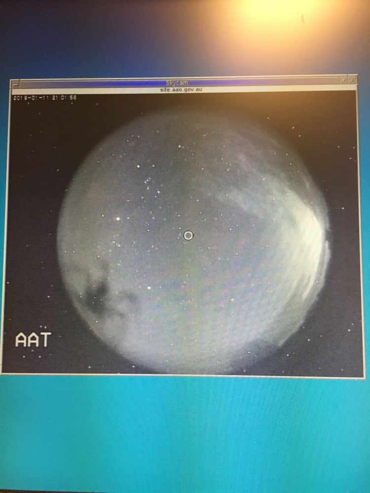 Image of a spider on the Anglo-Australian Telescope all-sky camera. Spider is on the left edge and appears twice the size of the AAT dome seen at the edge on the right. 