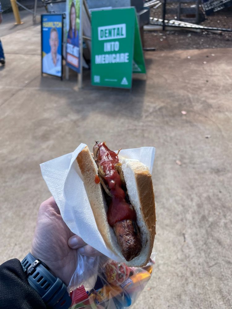 Hand holding a democracy sausage (beef sausage in bread with tomato sauce) with election candidate corflutes in the background