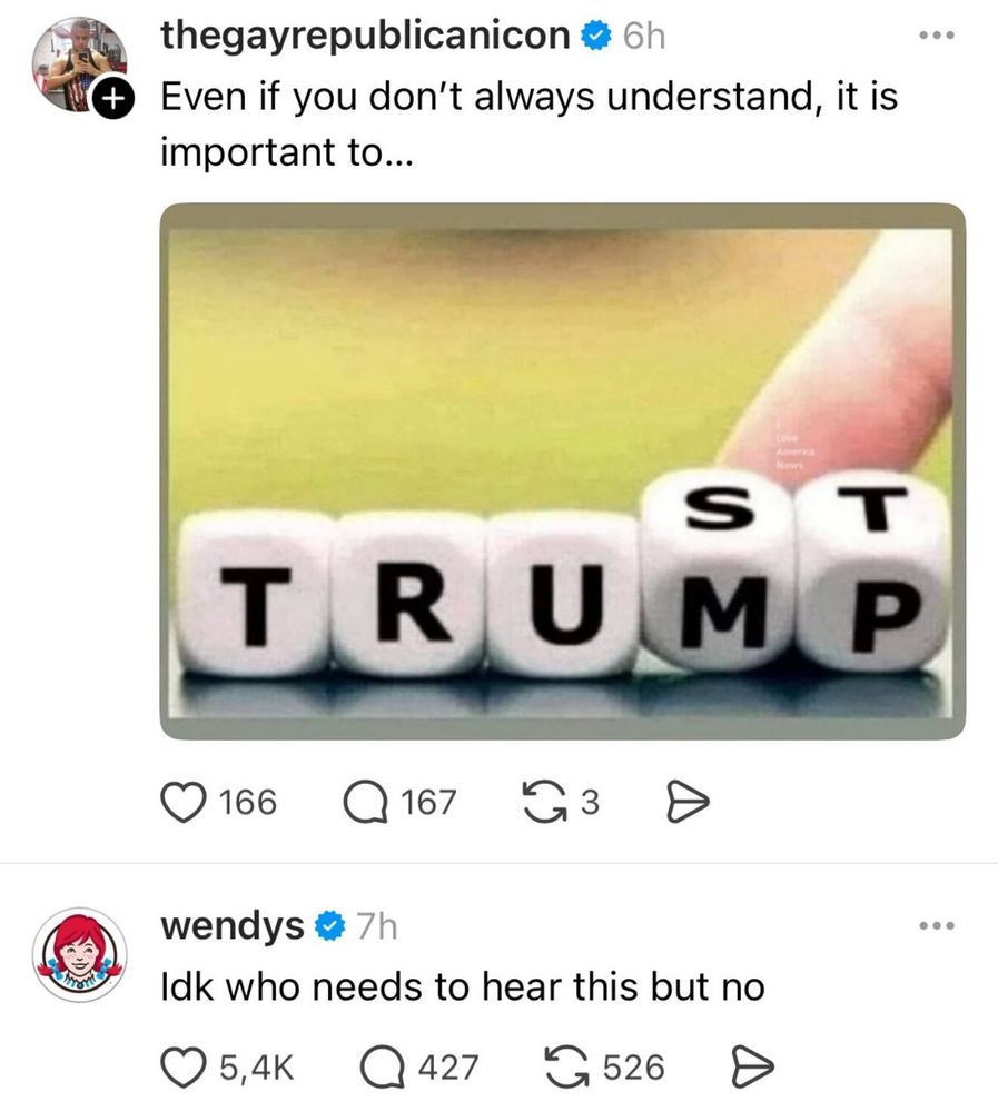 A social media screenshot shows a post by thegayrepublicanicon with a verification badge and the caption Even if you dont always understand it is important to… Below that is a close-up of five white dice-like cubes in a row spelling TRUMP. A finger is turning the final cube to reveal the letters ST alongside the P, suggesting a shift from Trump to Trust. The post shows 166 likes, 167 comments, and 3 shares. Beneath it Wendy’s replies Idk who needs to hear this but no and has 5.4K likes, 427 comments, and 526 shares.