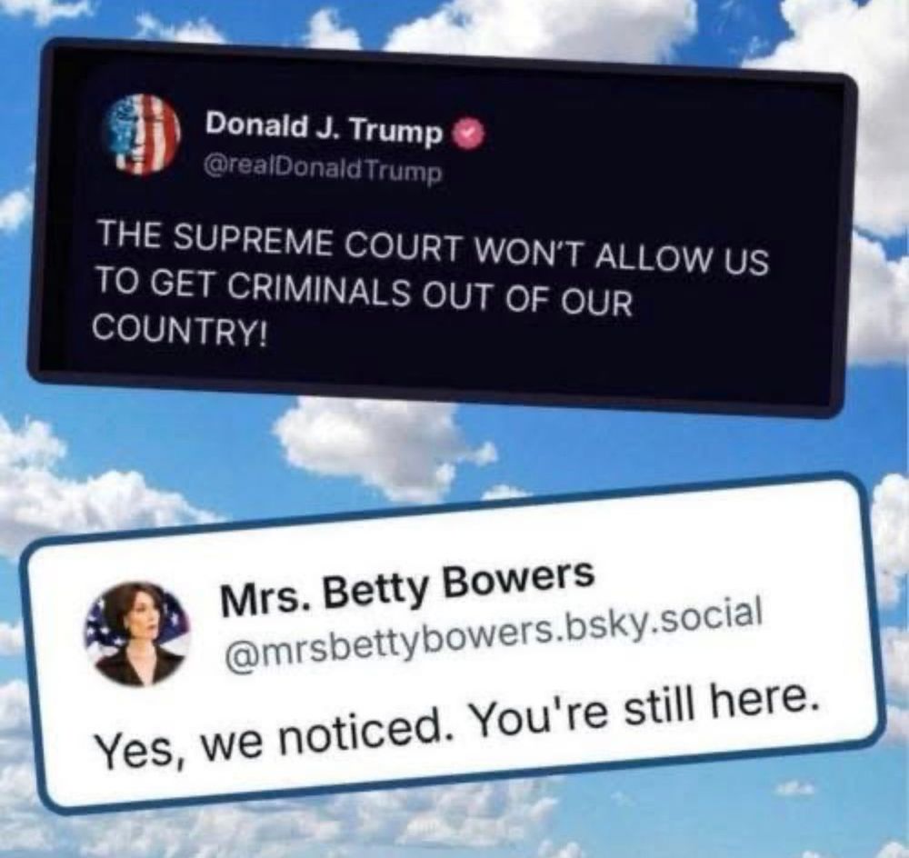Two social media posts over a blue sky with clouds. The top dark card, from an account named Donald J Trump, says the Supreme Court will not allow us to get criminals out of our country. The lower white card, from Mrs. Betty Bowers, replies, Yes, we noticed. You are still here. The image is a sarcastic meme implying the first poster is a criminal.
