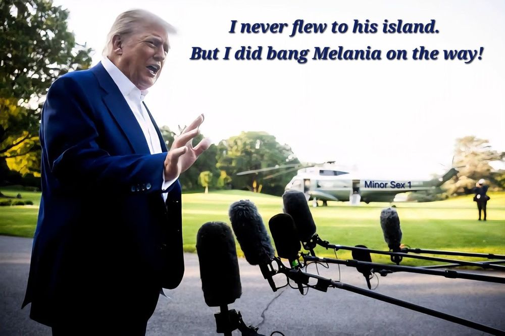 A well dressed older man stands outdoors on a paved drive surrounded by a manicured lawn and trees. He holds one hand up while speaking toward a cluster of directional microphones on stands. Behind him a green and white transport helicopter sits on the grass. A second person stands near the helicopter at right. Large stylized blue words near the top state I never flew to his island but I did bang Melania on the way