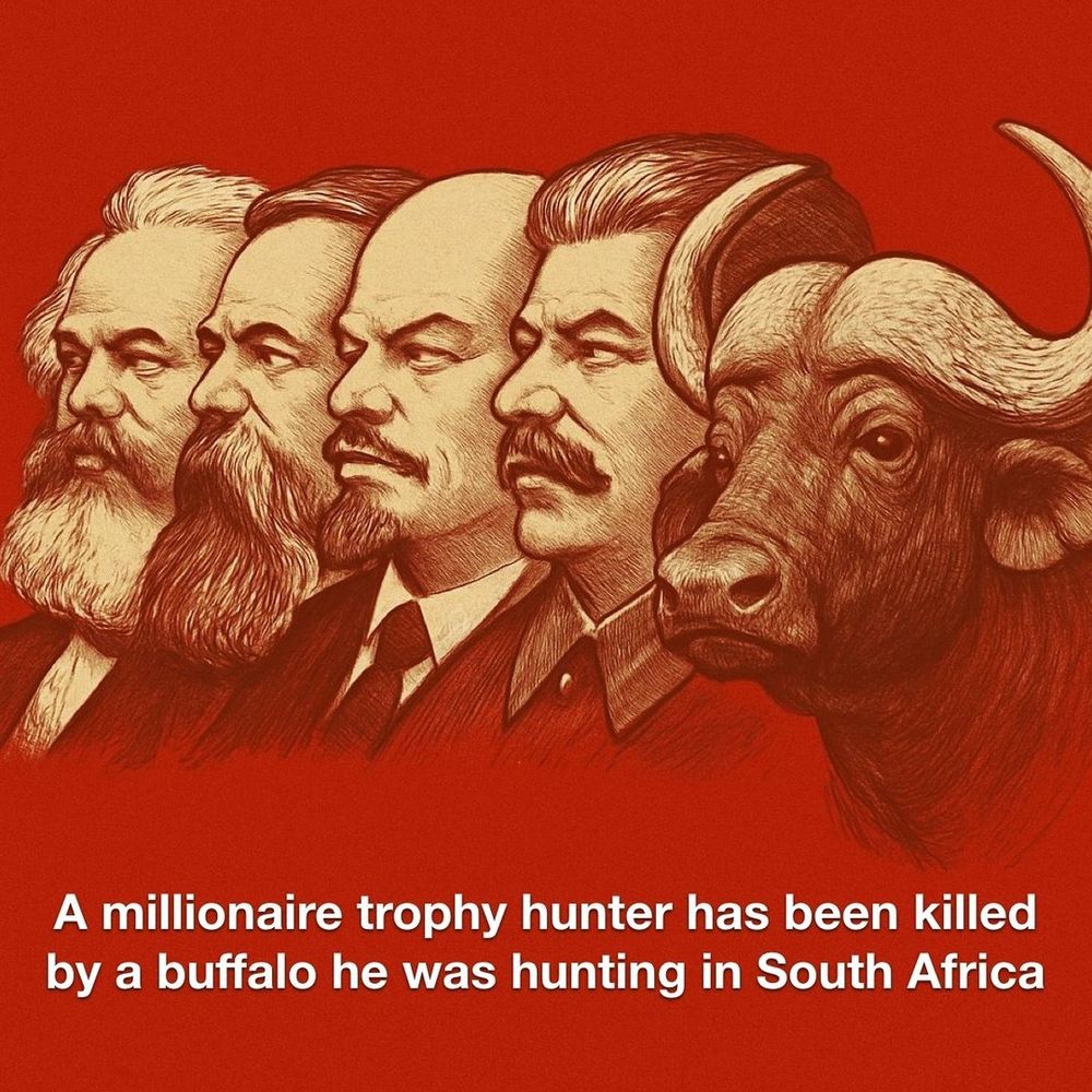 Image shows sepia tone profile illustrations of four historical figures side by side on a solid red background, followed by the head of a buffalo. From left to right the portraits resemble Marx, Engels, Lenin, Stalin, then a buffalo. Below in white text the caption reads A millionaire trophy hunter has been killed by a buffalo he was hunting in South Africa