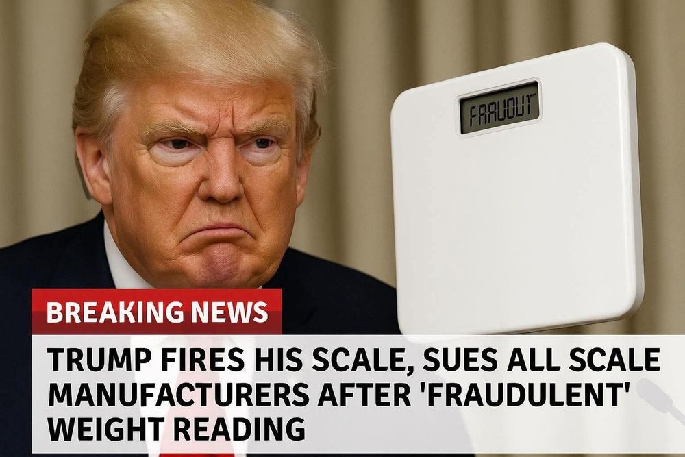 Photo of a man with a bright orange skin tone and swept-back light blond hair wearing a dark suit. He looks displeased and is frowning. To his right a white digital bathroom scale hovers in midair, its small display panel reading FRAUDUT. A red rectangular banner along the bottom says BREAKING NEWS. Below that, black text on white reads TRUMP FIRES HIS SCALE, SUES ALL SCALE MANUFACTURERS AFTER FRAUDULENT WEIGHT READING.