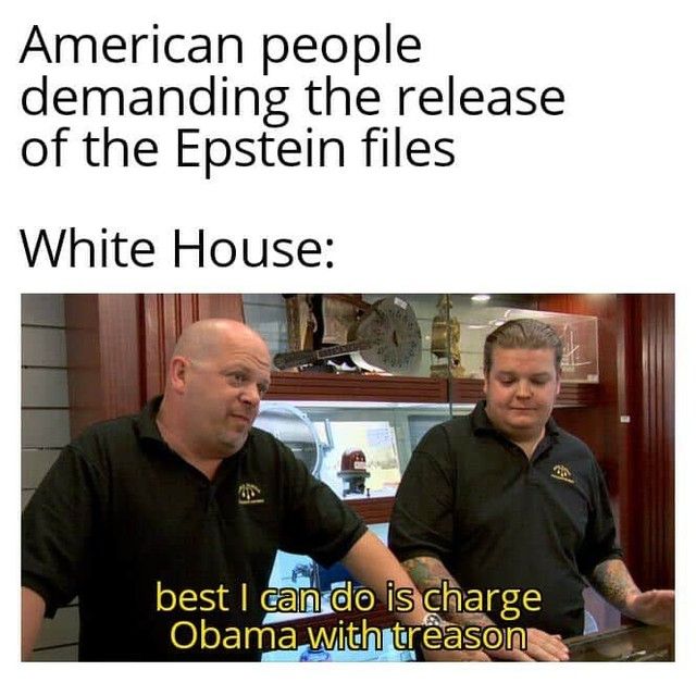 A two part meme. Top text says American people demanding the release of the Epstein files. Below that is the label White House. The image shows two men from the TV show Pawn Stars standing behind a glass display counter. The older man is bald and leaning forward on the counter. The younger man stands beside him with arms at his sides. A subtitle across the bottom reads best I can do is charge Obama with treason.