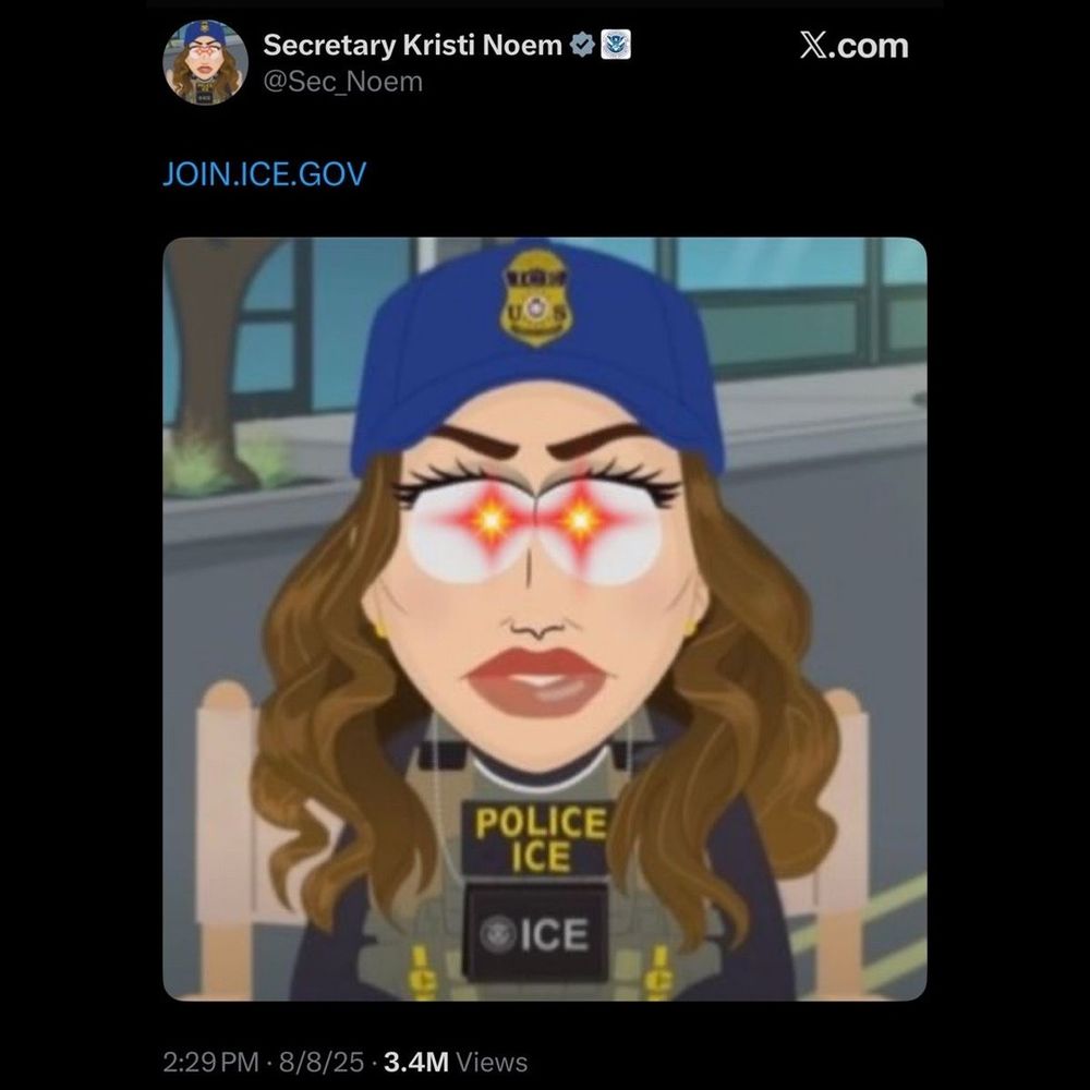 The top shows a social media post by Secretary Kristi Noem with handle at Sec_ Noem and a blue verification check and government badge icon. Text below reads join.ice.gov in blue. The central image is a cartoon woman with long brown hair wearing a blue cap with ICE badge and a tactical vest labeled Police ICE her eyes glowing bright starbursts against a blurred street background
