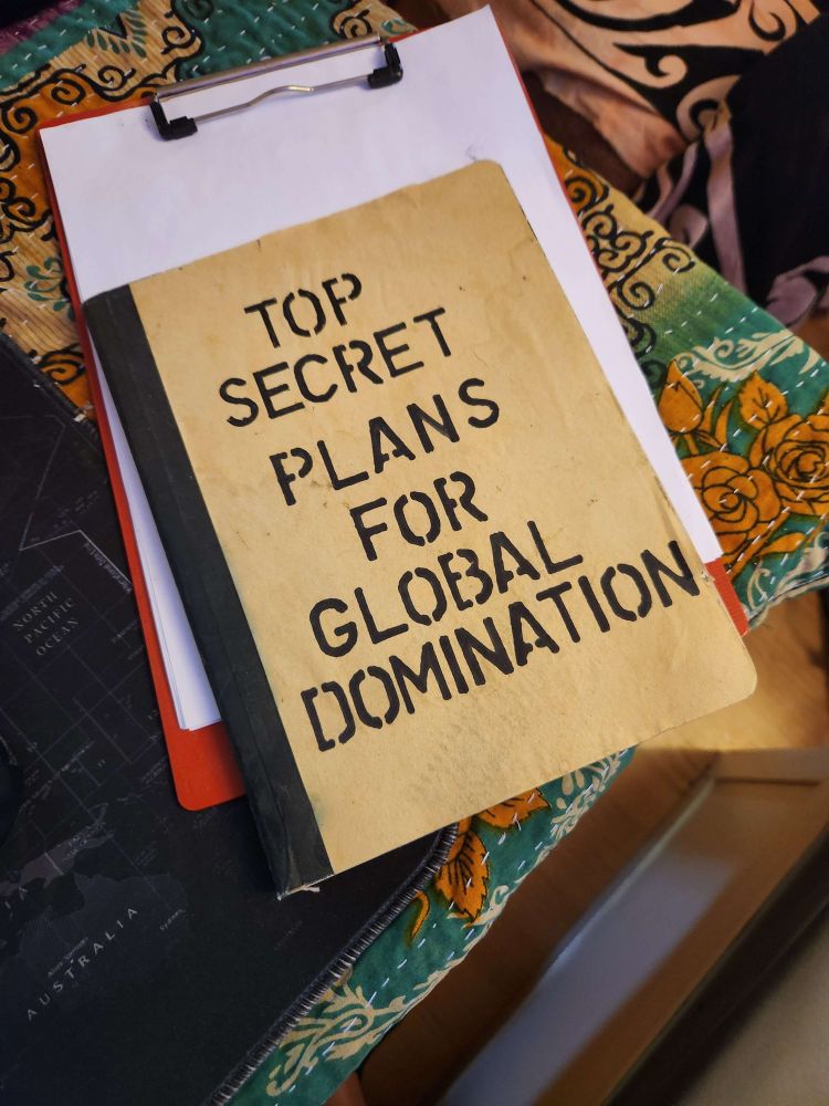 A steno notebook labelled as "Top Secret Plans for Global Domination"
