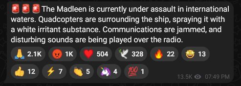 🚨🚨🚨The Madleen is currently under assault in international waters. Quadcopters are surrounding the ship, spraying it with a white irritant substance. Communications are jammed, and disturbing sounds are being played over the radio.