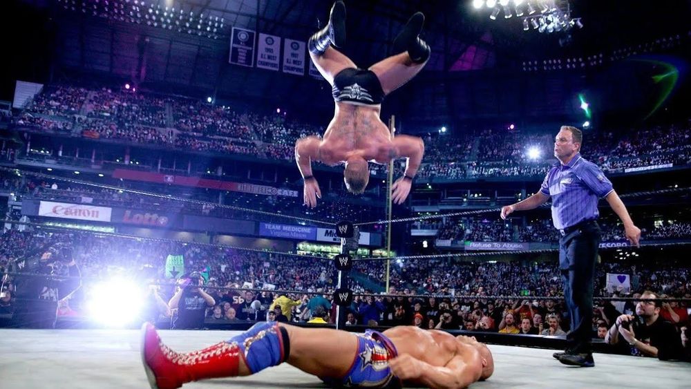 Brock Lesnar, attempting a top rope moonsault flip on Kurt Angle. For those unfamiliar with the moment, Lesnar would fail to complete the flip and end up landing on his neck.