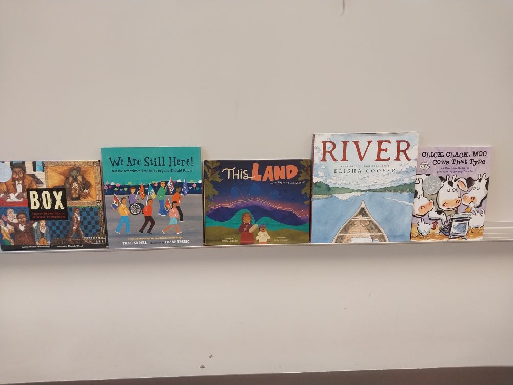 Several picture books: Box, We Are Still Here, This Land, River and Click Clack Moo, Cows That Type.
