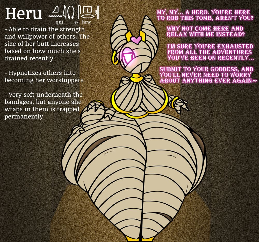 A refsheet for my mummy goddess character Heru. She's beckoning to an adventurer to join her, and there's also someone trapped under her bandages