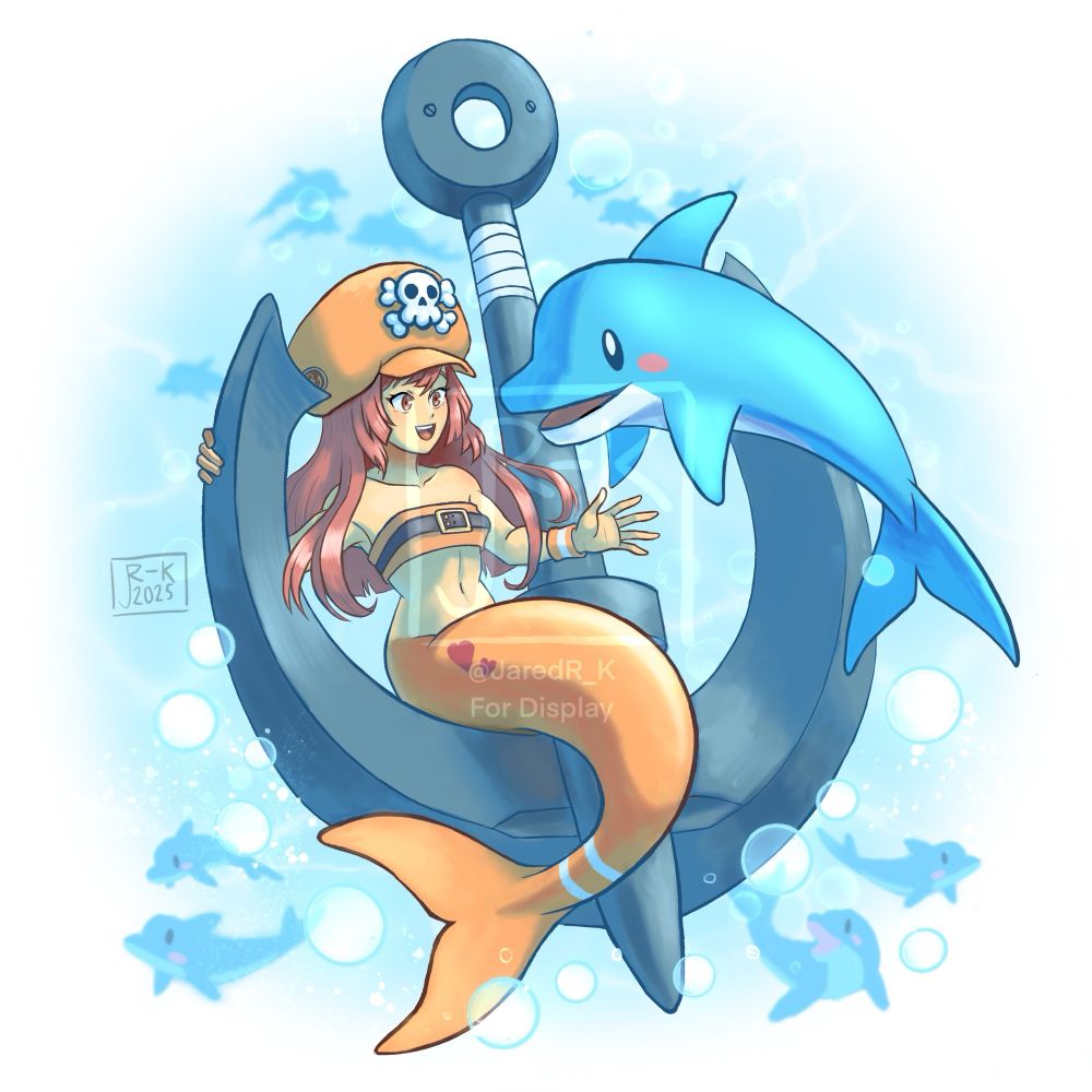 Redraw of May from Guilty Gear as a dolphin-themed mermaid, sitting atop her anchor as dolphins swim by. 