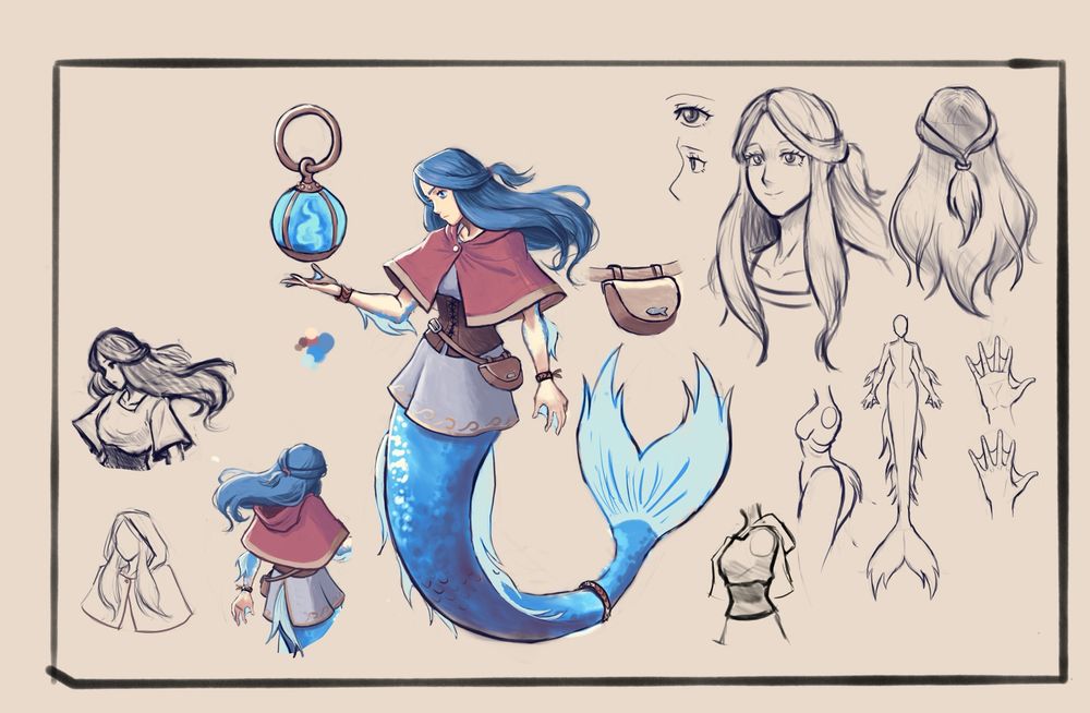 My character Rowanne. A mermaid with blue hair and scales, wearing a robes and a red cloak. She is a mage/healer. 