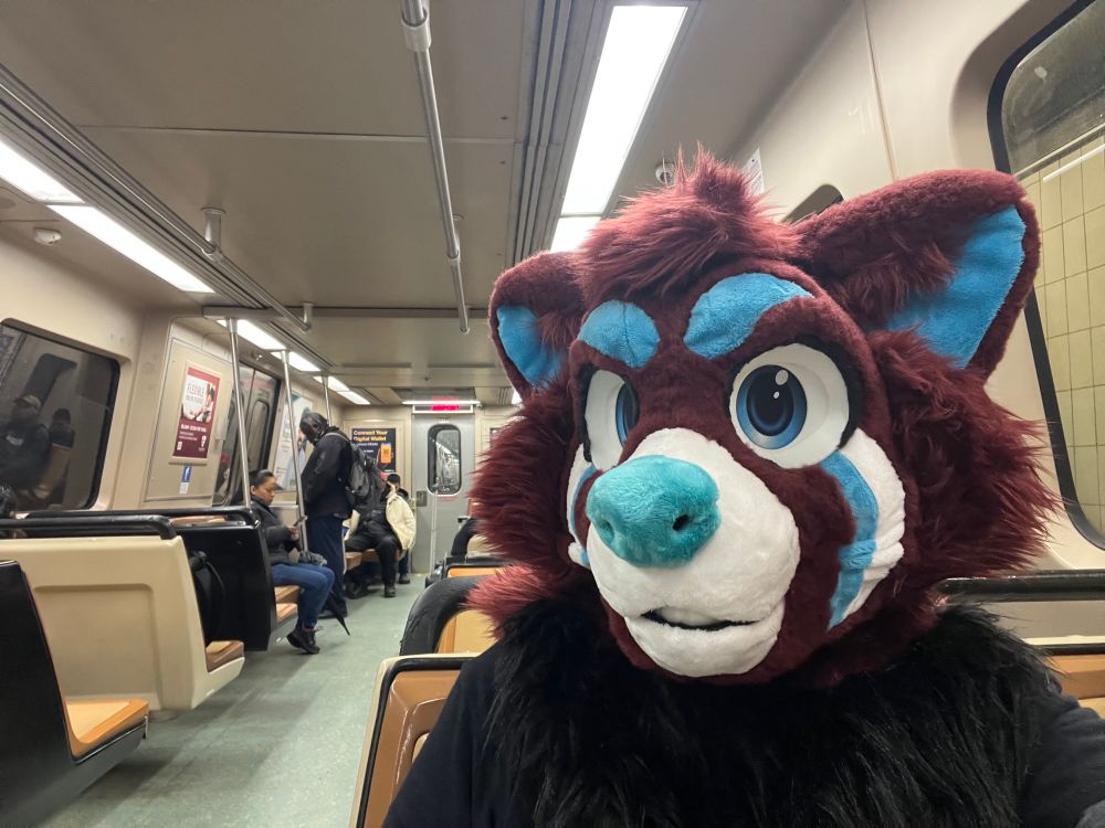 A red pana fursuiter on a train.