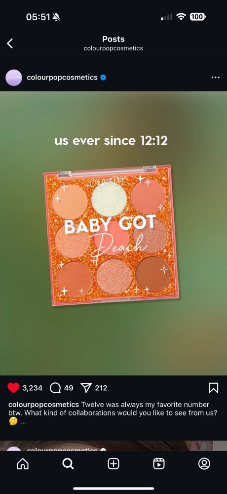 A screenshot of a peach Colourpop cosmetics pallet on top of the blurred background of The Life Of A Showgirl