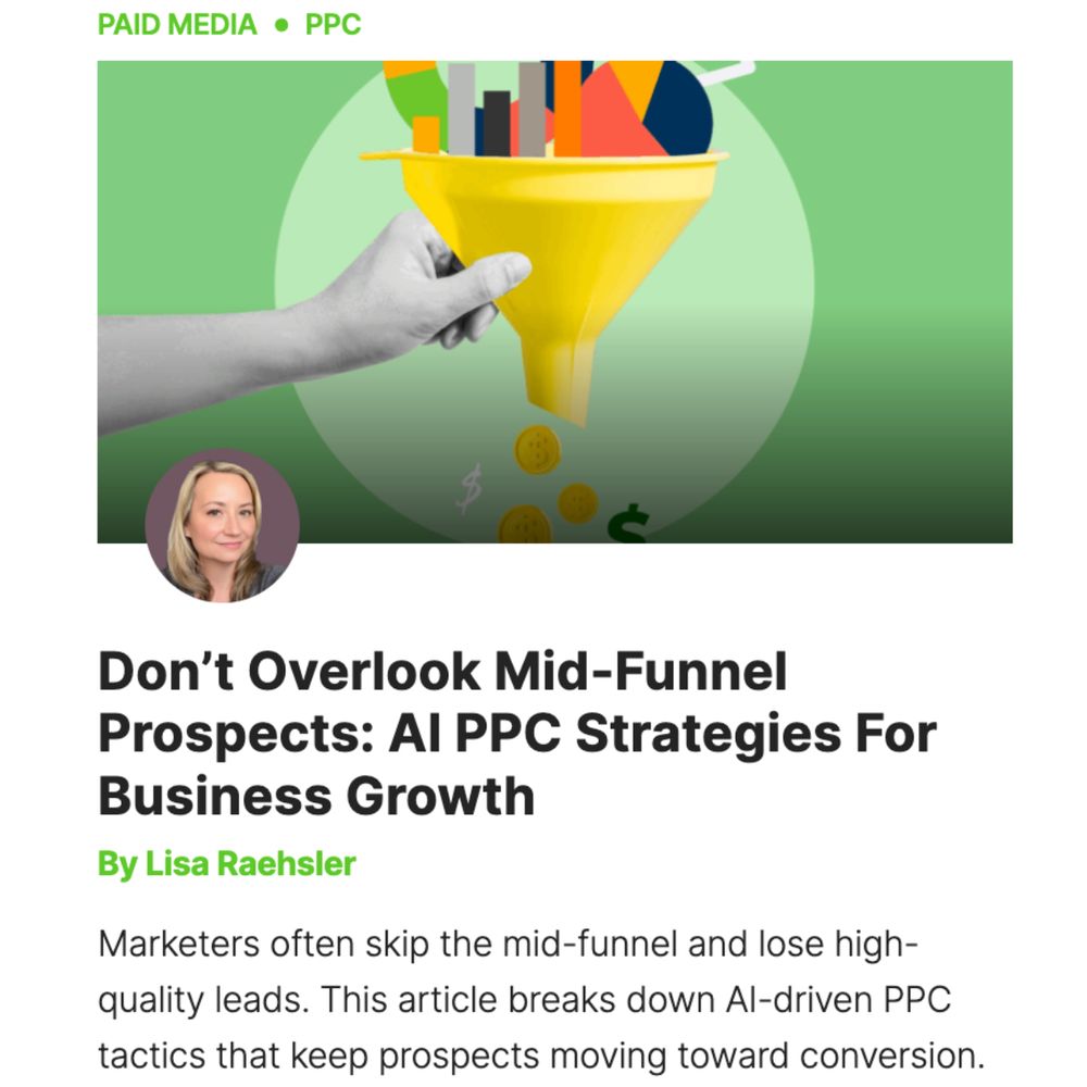 Search Engine Journal article screenshot showing ‘Mid-Funnel Prospects: AI PPC Strategies for Business Growth’ by Lisa Raehsler. Covers AI-driven audience segmentation, dynamic creative testing, and remarketing strategies for Google Ads