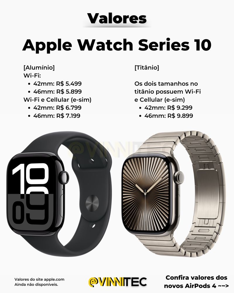 Detalha os valores do Apple Watch Series 10 em alumínio e titânio, com opções de conectividade Wi-Fi e Cellular.
