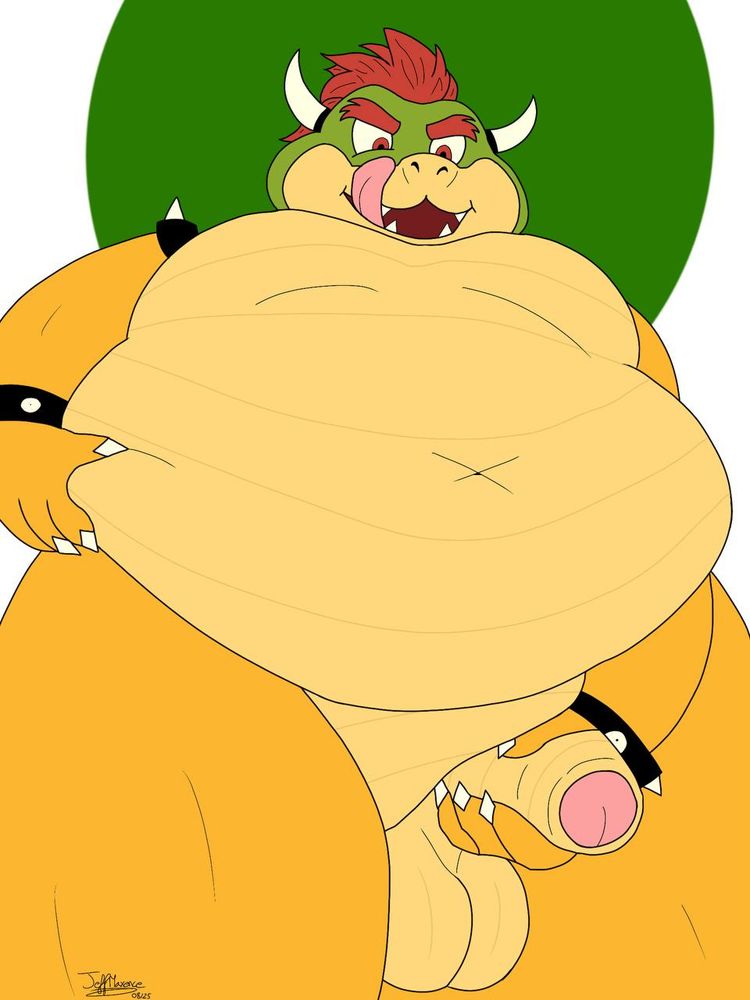 King Bowser looking down at viewer with his mouth open and his tongue. He's very fat and he's holding his belly with one hand, the other hand is on his big dick that is half buried because his fat belly and fat pad / fupa.