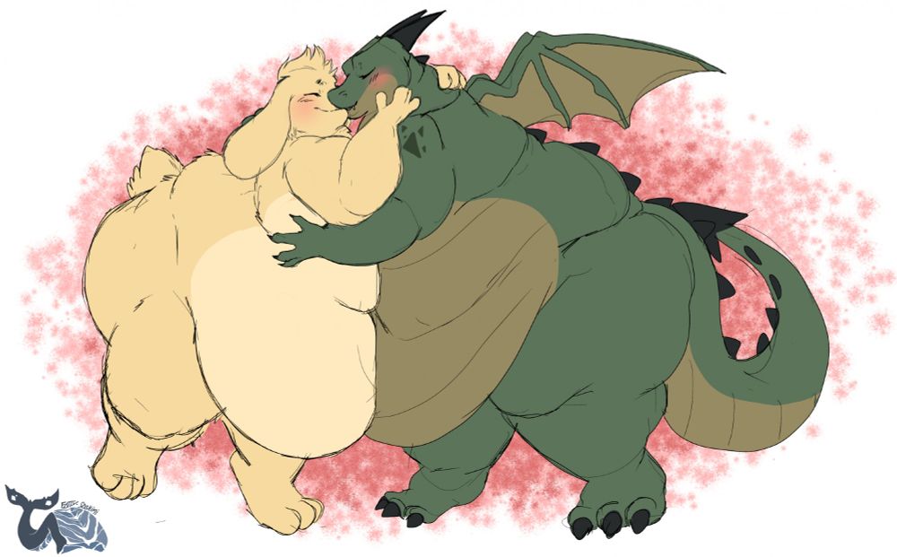 A big bunny and a big dragon are cuddling and they give each other a kiss.