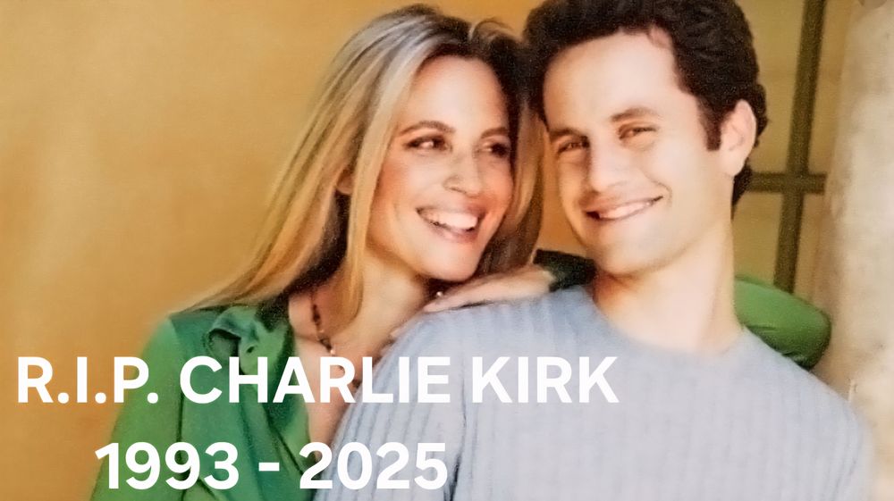 Actor Kirk Cameron posing with his wife, with a caption that says "R.I.P. Charlie Kirk, 1993-2025"