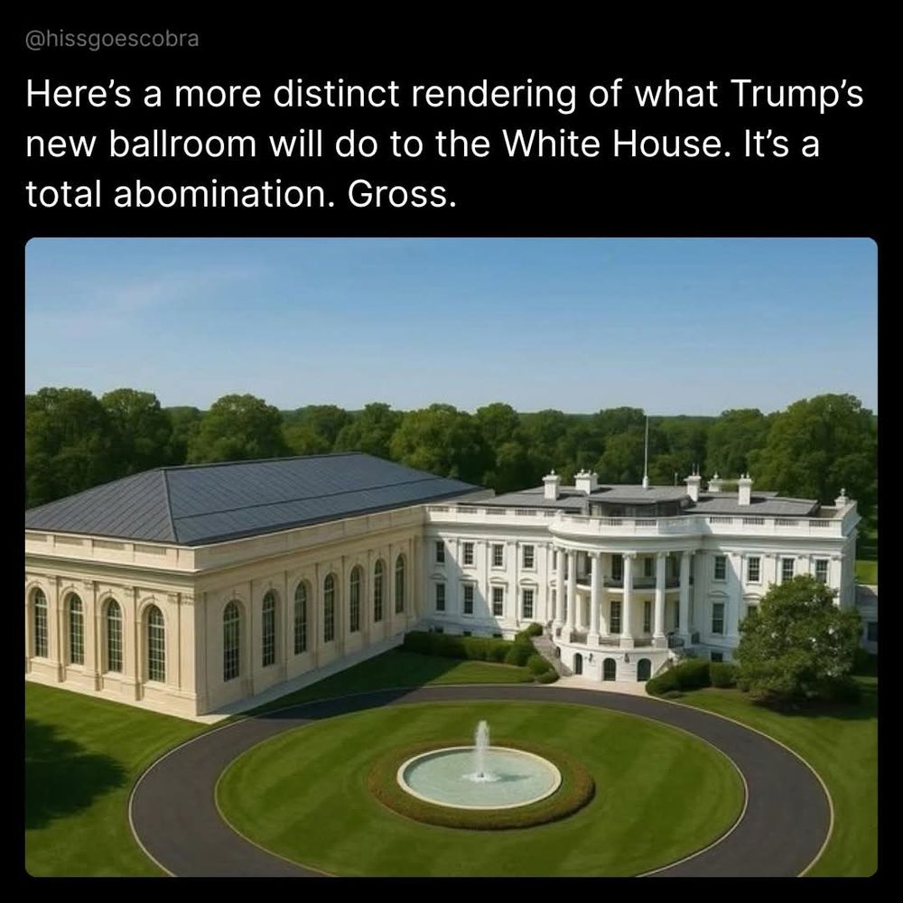 A photo of the US White House, edited to illustrate the ballroom Trump intends to append to the White House.